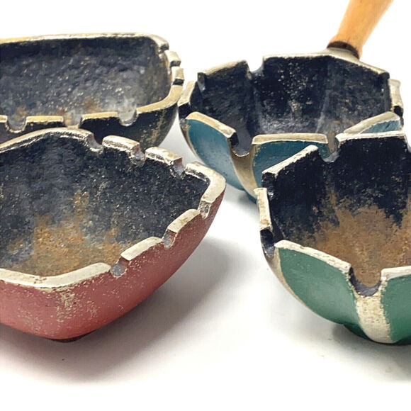 4 VTG Ashtrays Cast Iron Wood Handle MCM Retro Kitschy Western Planter Red Teal - Picture 10 of 12